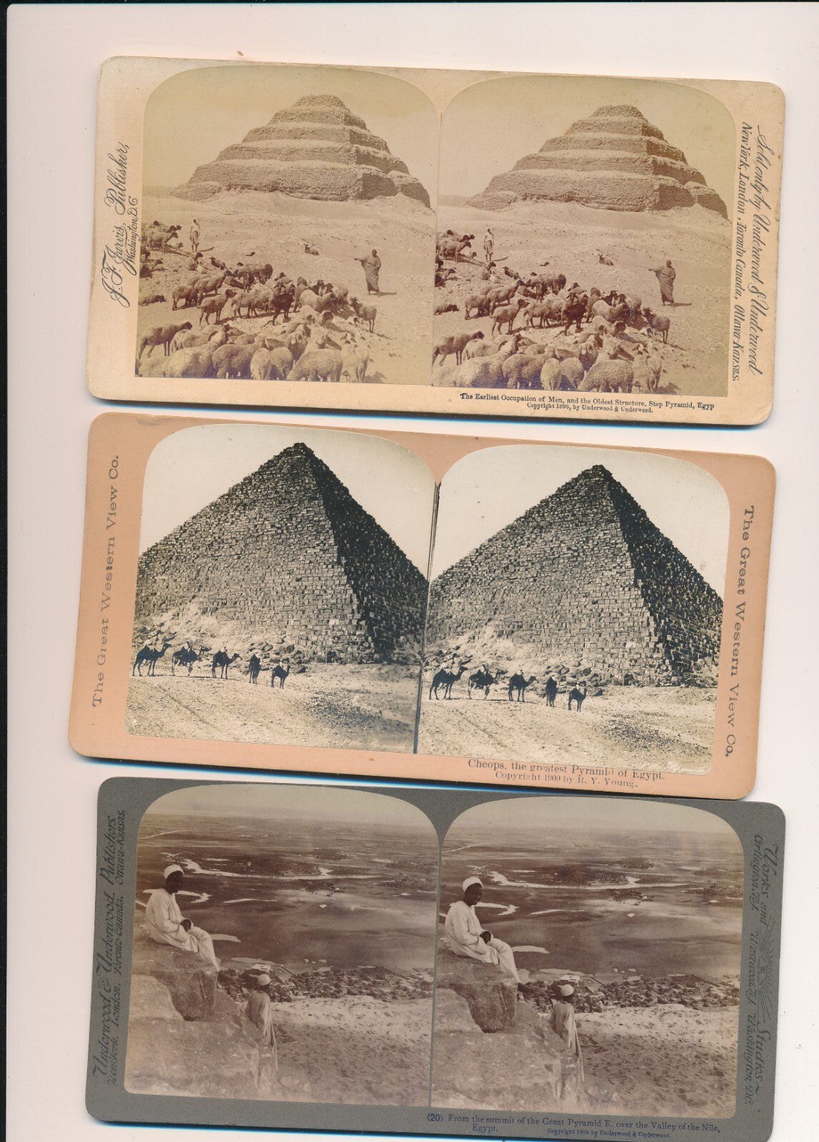 Égypte : 3 cartes stéréoscopiques pyramide Djéser Kheops photo photographie