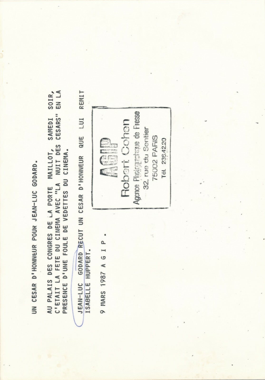 Jean Luc Godard Huppert remise prix césar tirage argentique époque 1987 photo