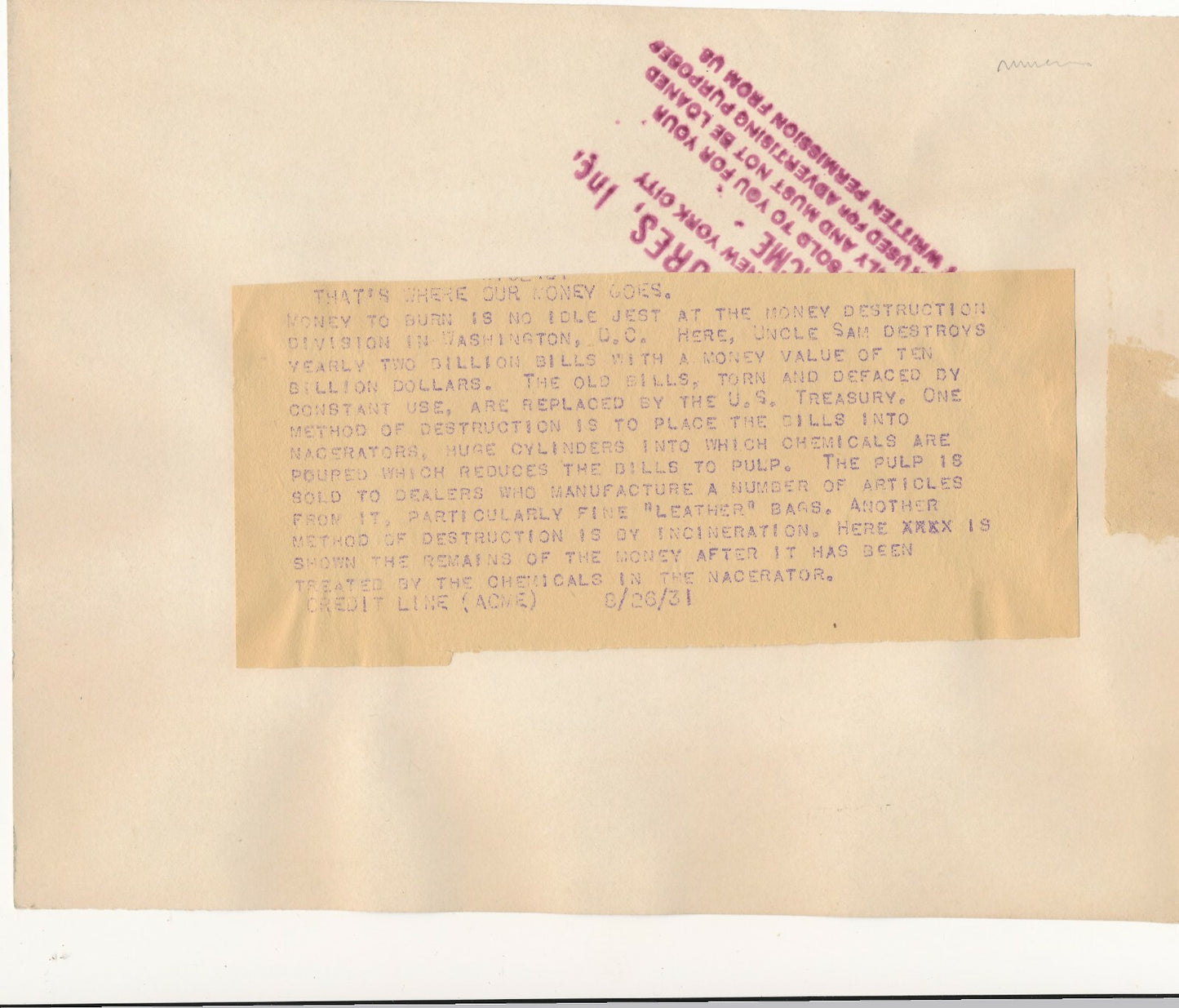 destruction monnaie usée feu incinération aux États-Unis 1931 photo