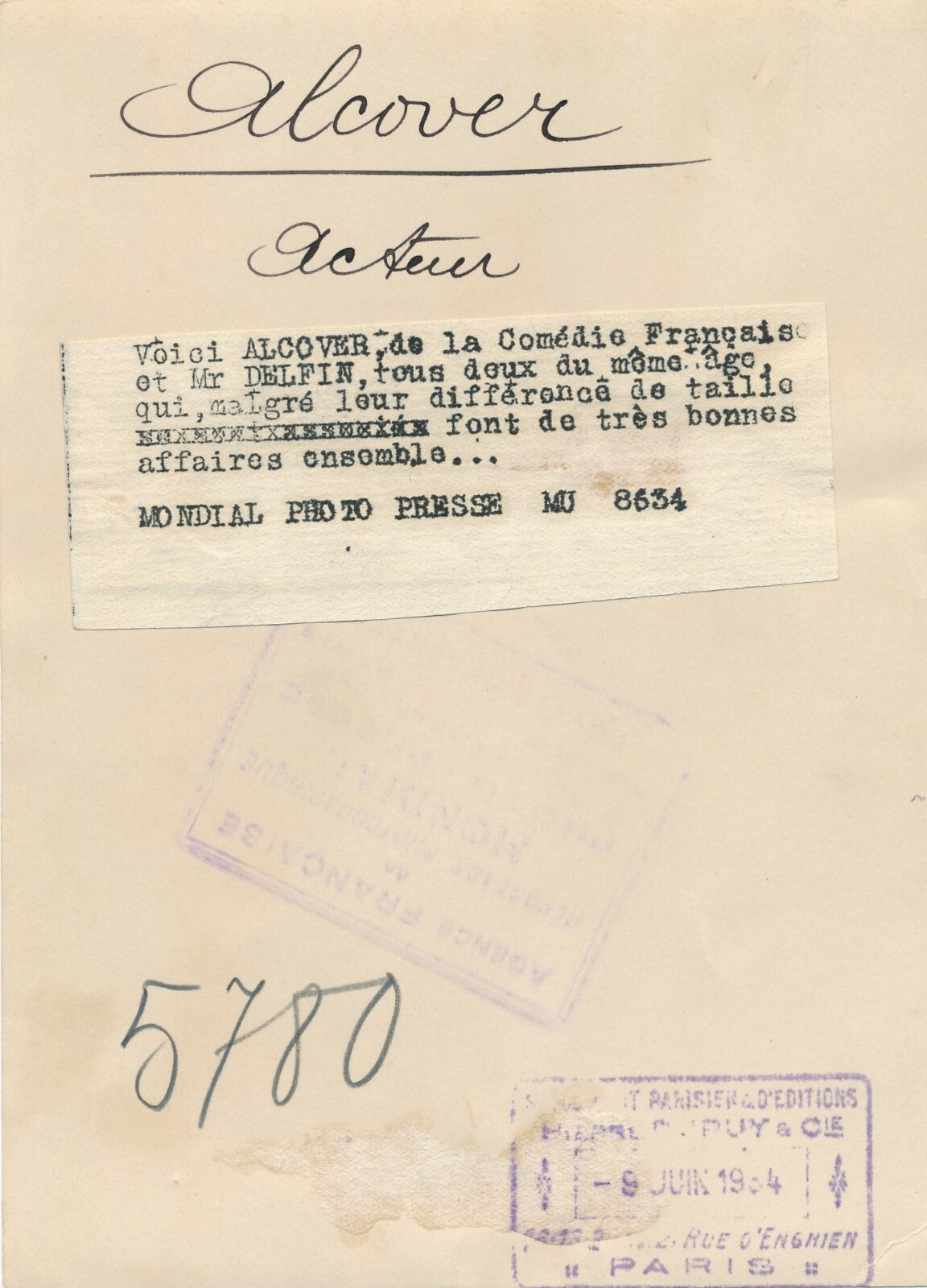 Pierre ALCOVER, Comédie Française, 1934 nain photo photographie époque TOL