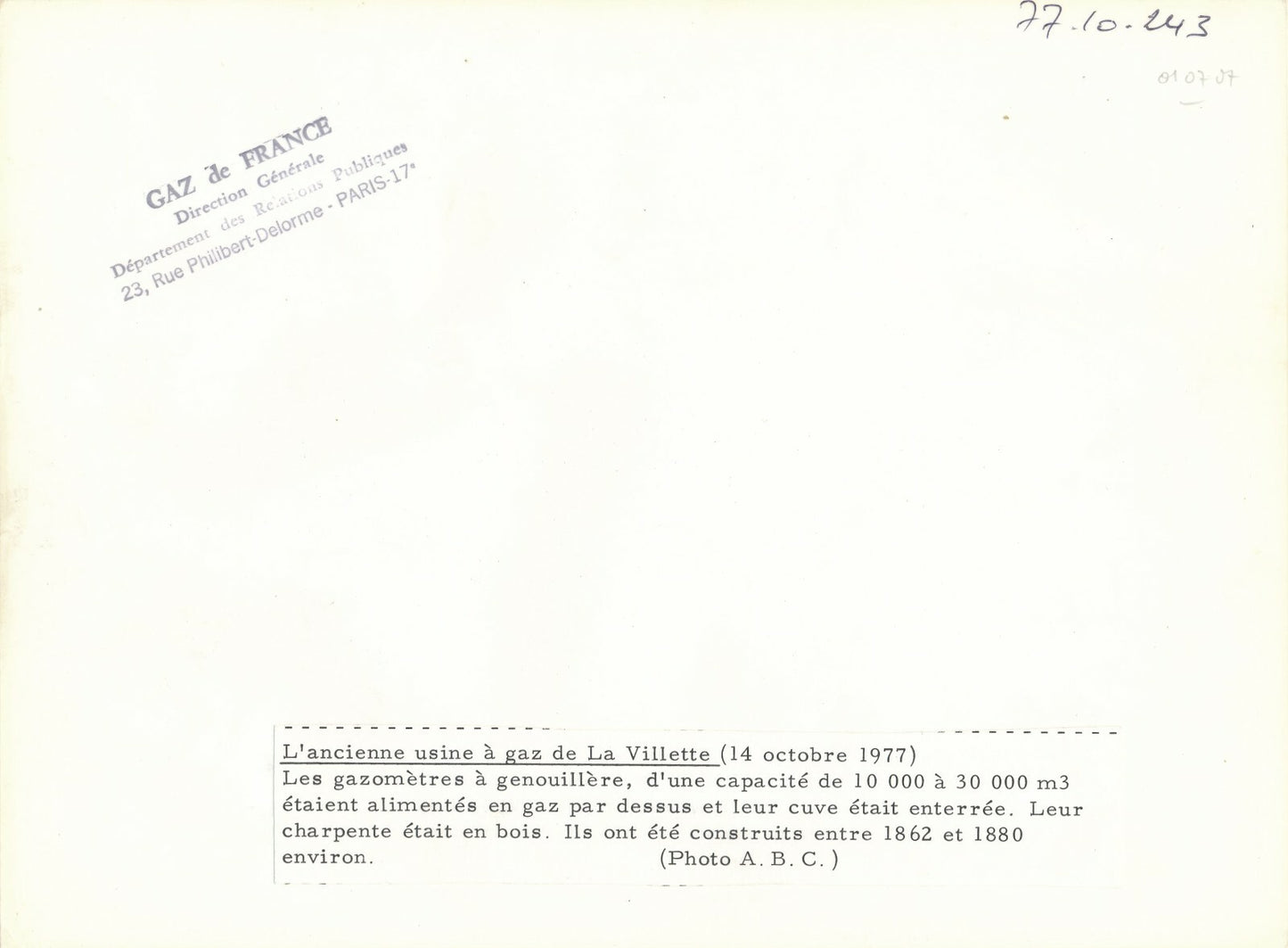 3 photos usine gaz la Villette 1977 gazomètres photo photographie