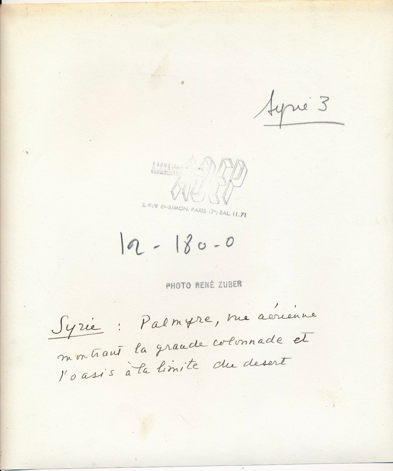 Photographie René Zuber Palmyre Syrie vue aérienne argentique époque cachet