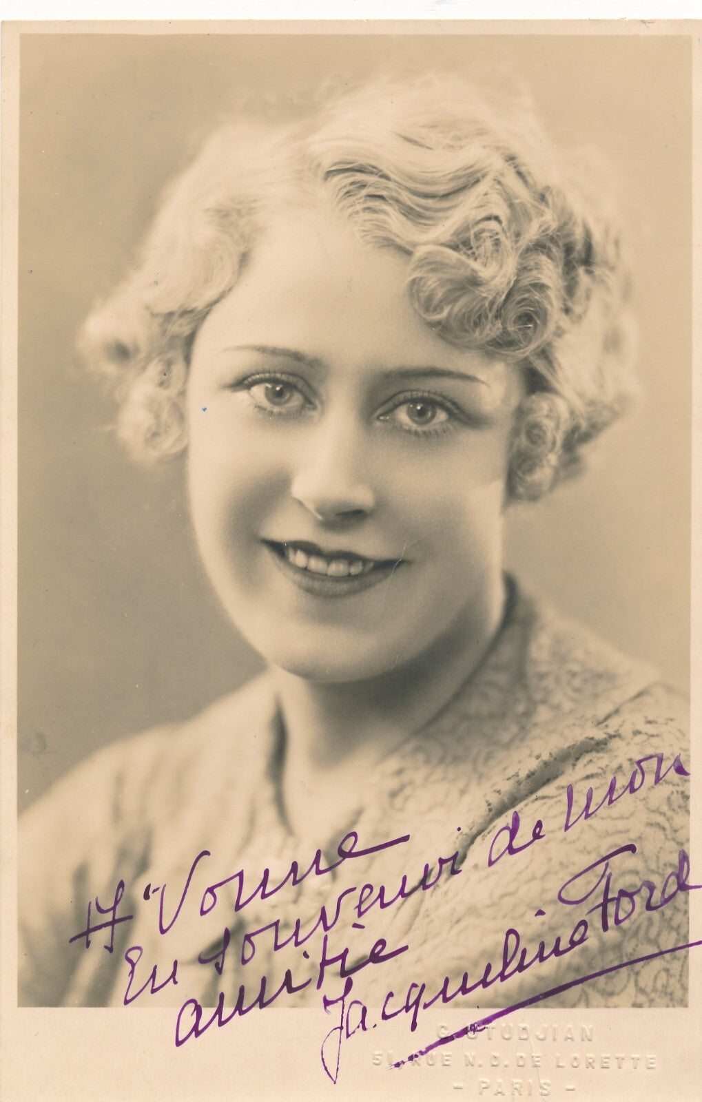 Jacqueline FORD actrice 2 photographies photo signée Nice époque Monesco