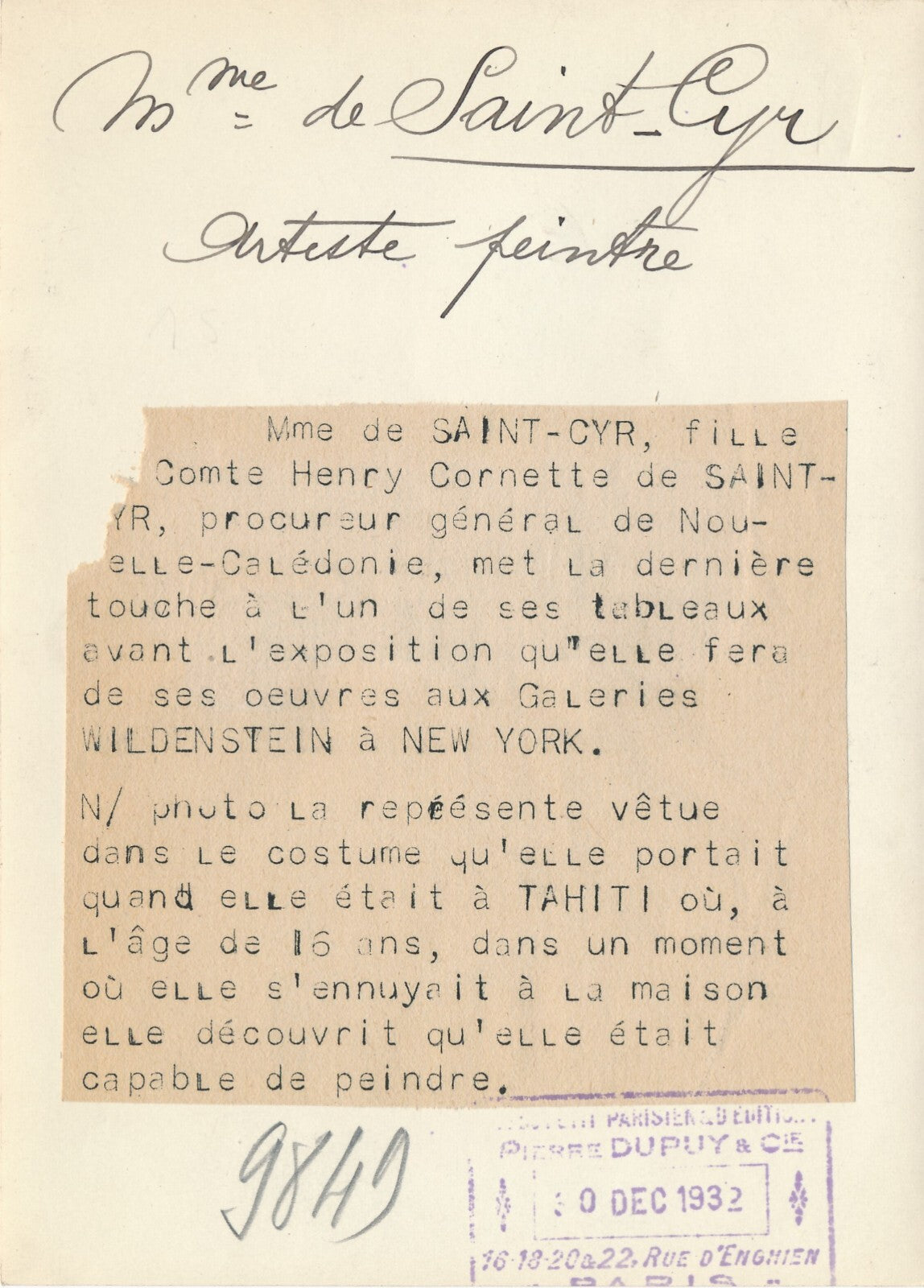 Fille Henry Cornette de Saint-Cyr peintre atelier photo photographie époque