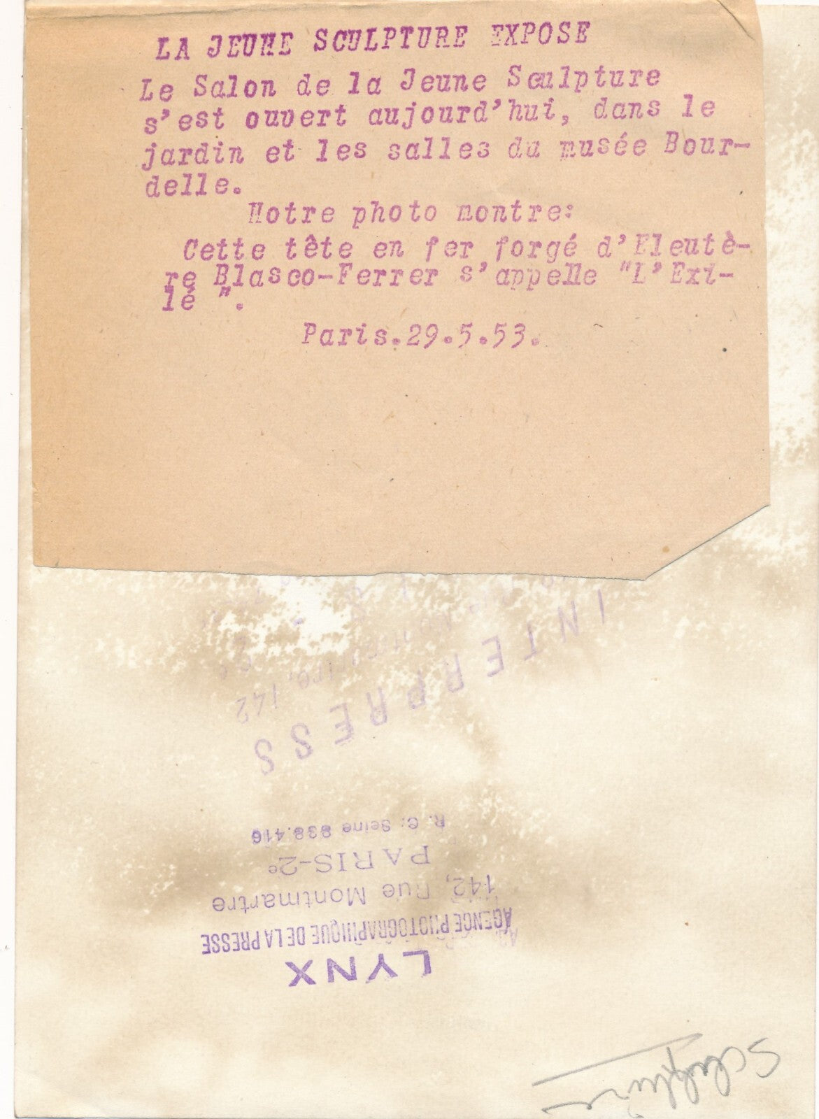 Salon Jeune sculpture 1953 L'Exilé sculpture BLASCO FERRER photo photographie
