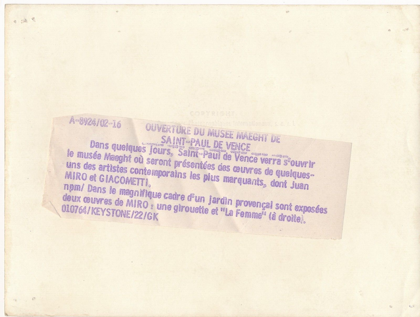 Ouverture musée Maeght Saint-Paul-de-Vence 1964 Miro photo photographie