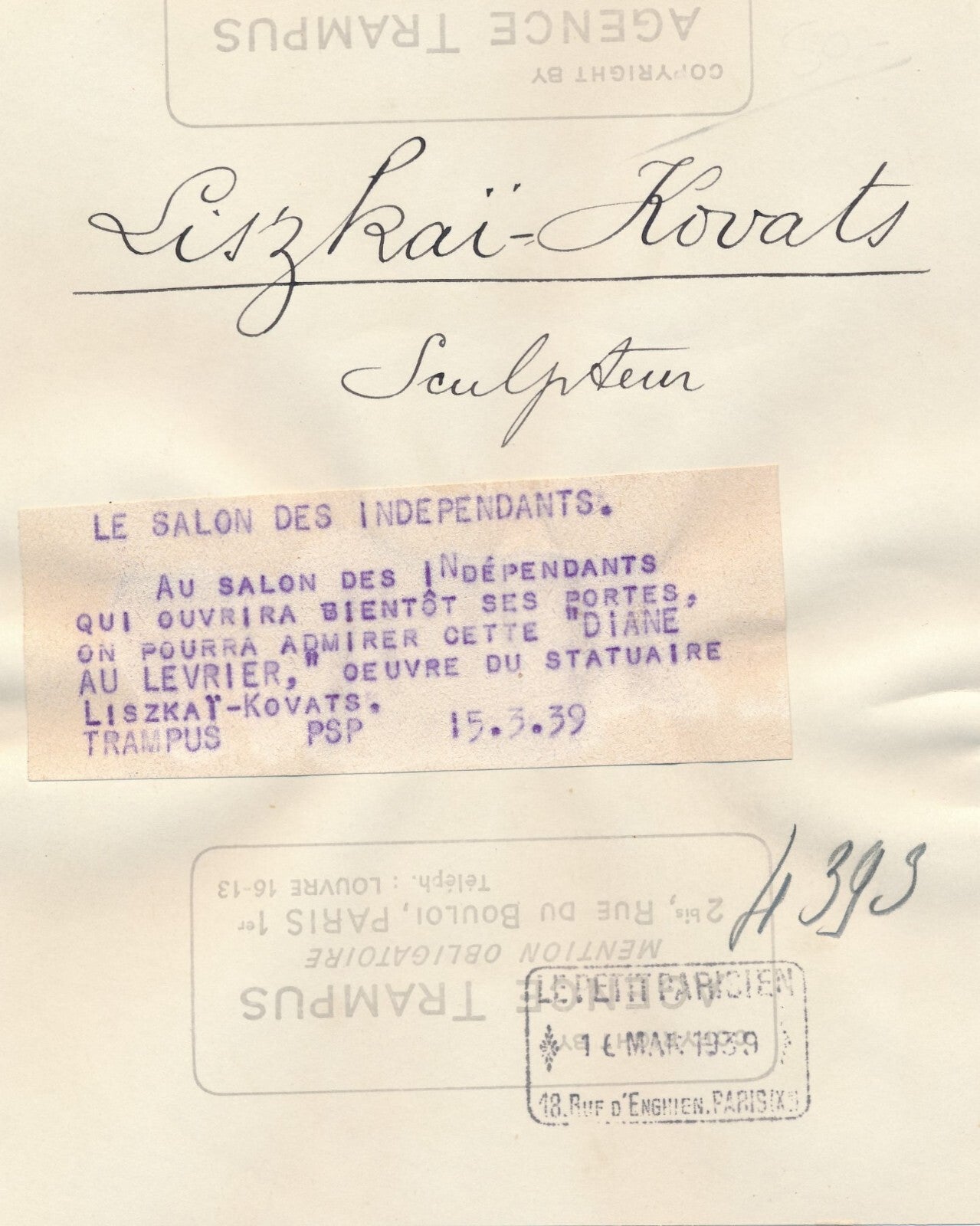 LISZKAI-KOVATS sculpteur Hongrie Diane au levrier 1939 photo phiotographie