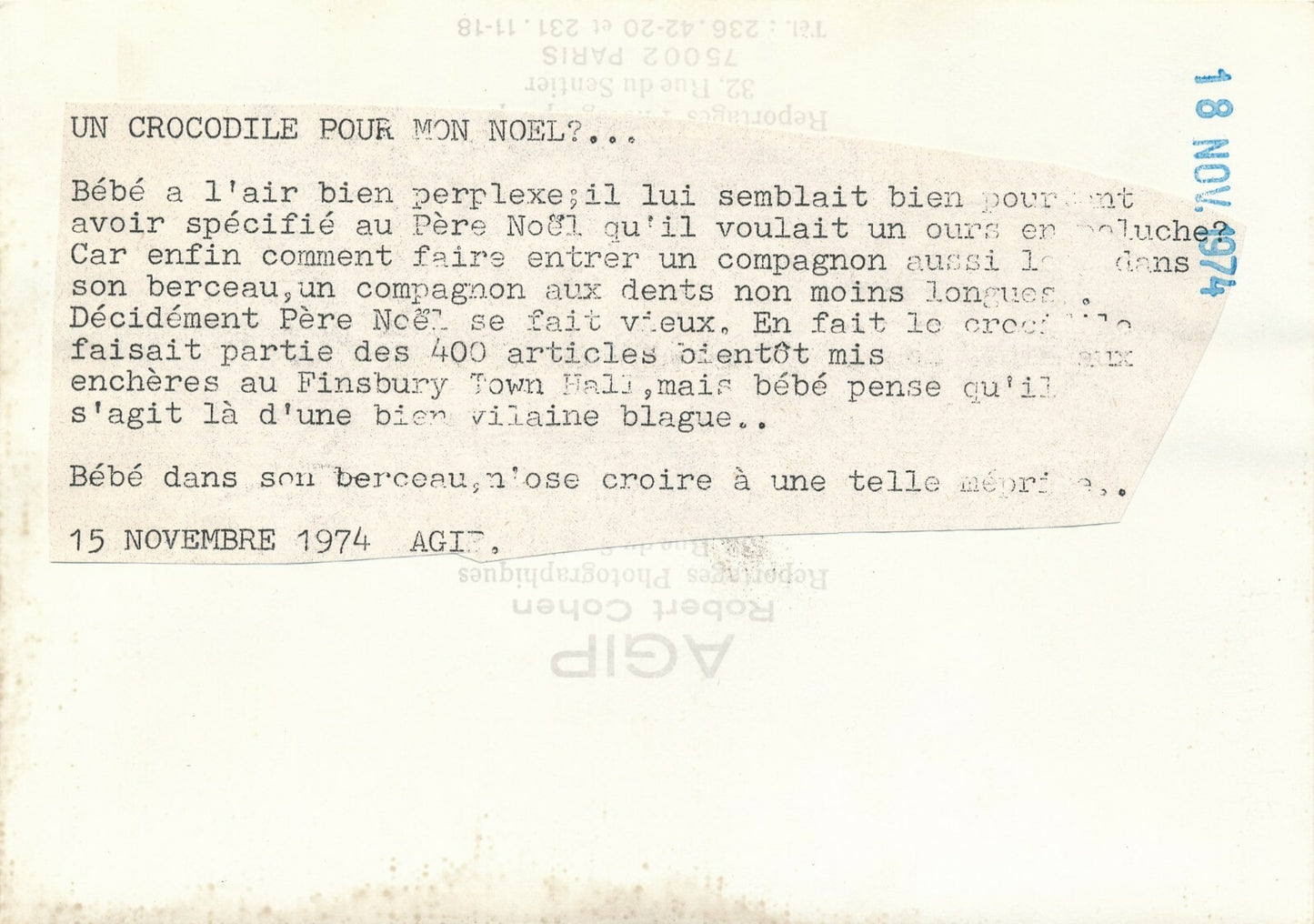 Finsbury Town Hall London enchères 1974 crocodile humour bébé photo photographie