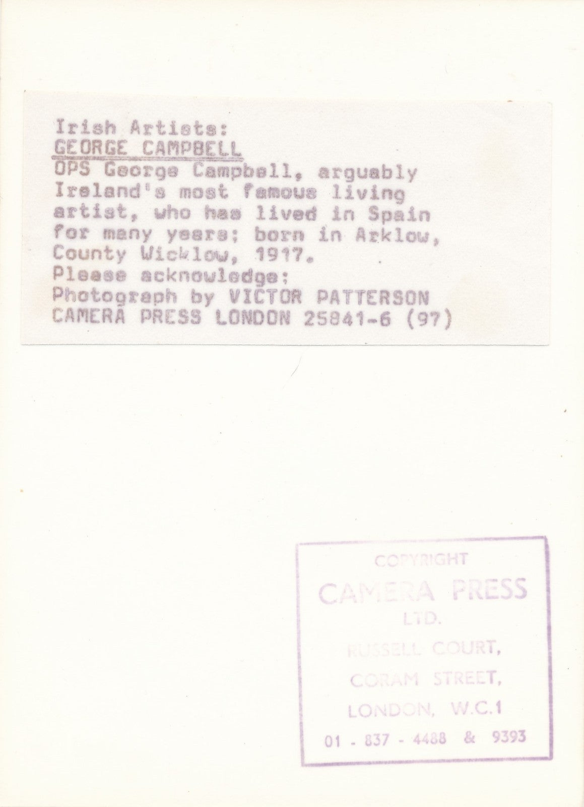 George Campbell (1917-1979), peintre irlandais photographie argentique époque