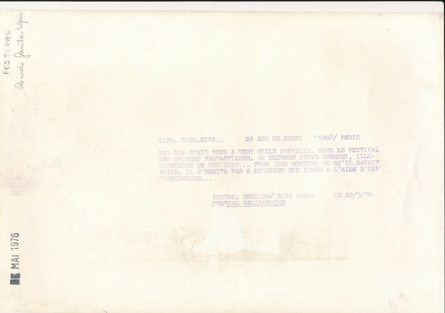 Festival des records fantastiques photo découpe femme horreur 1976 magie Wheeler