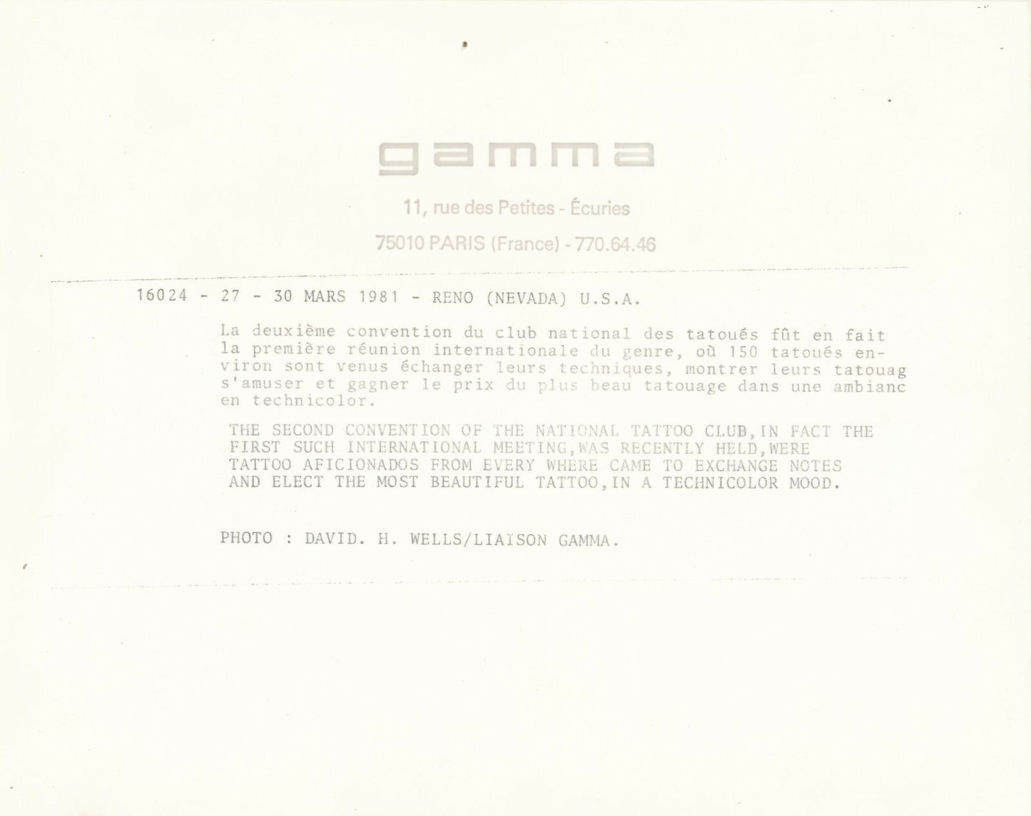 Le tatoué, 1981 club national des tatoués, Reno Etats-Unis photo photographie