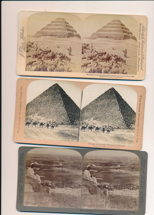 Égypte : 3 cartes stéréoscopiques pyramide Djéser Kheops photo photographie