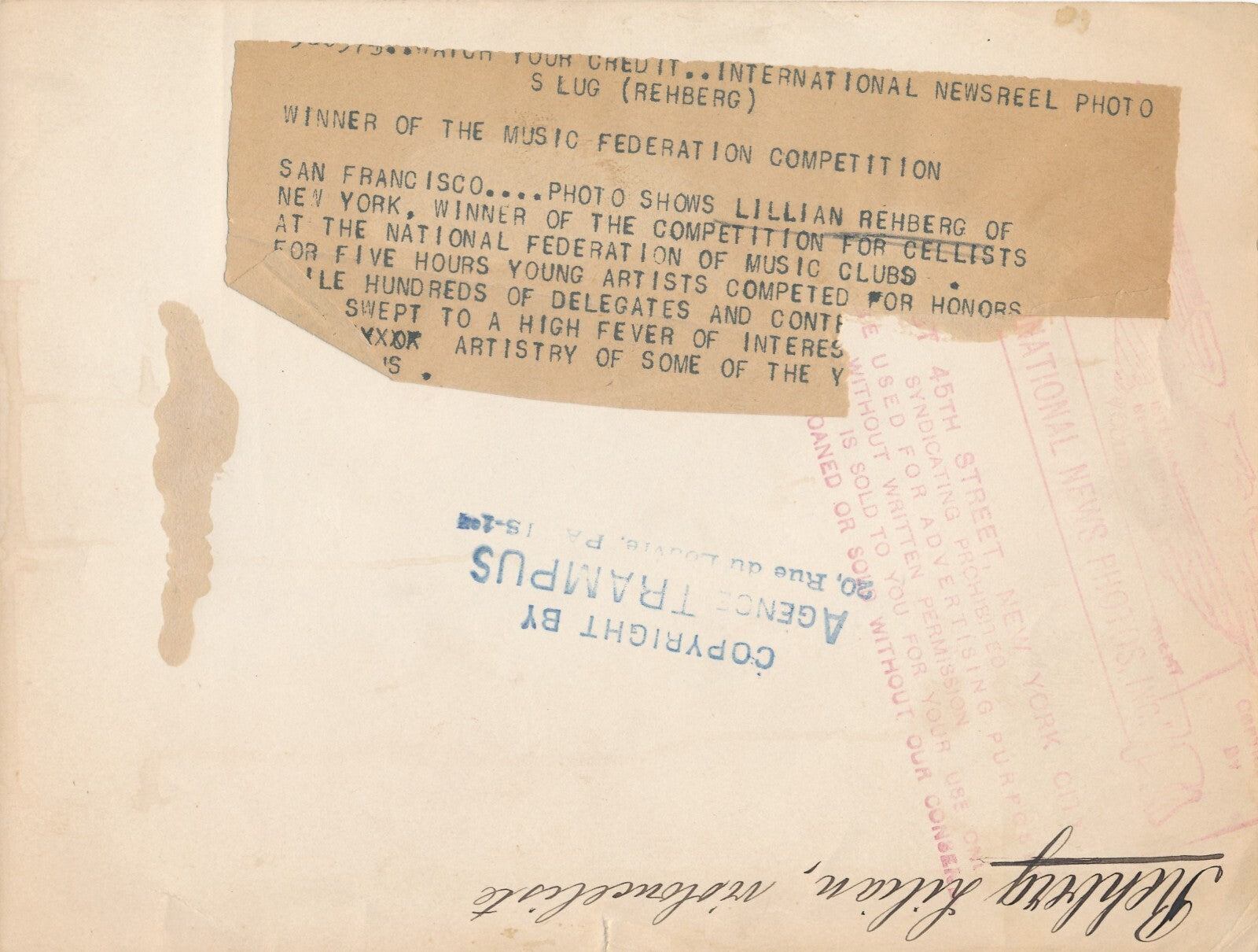 Lillian REHBERG violoncelliste photo photographie 1931 concours prix