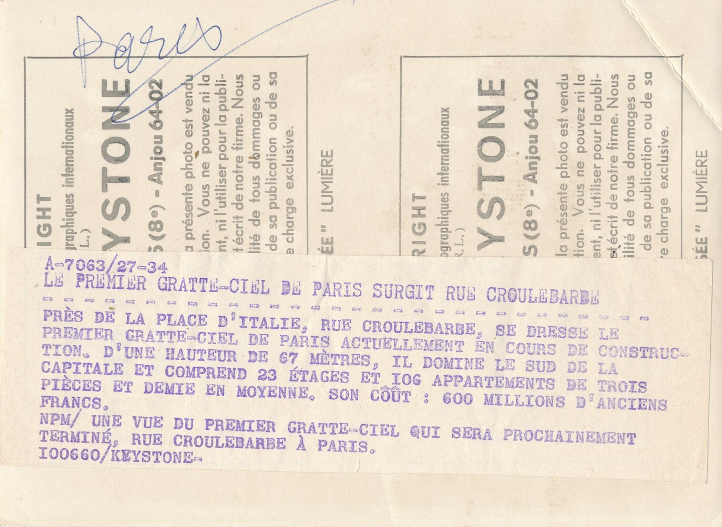 Premier gratte-ciel de Paris rue Croulebarde tirage argentique époque 1960