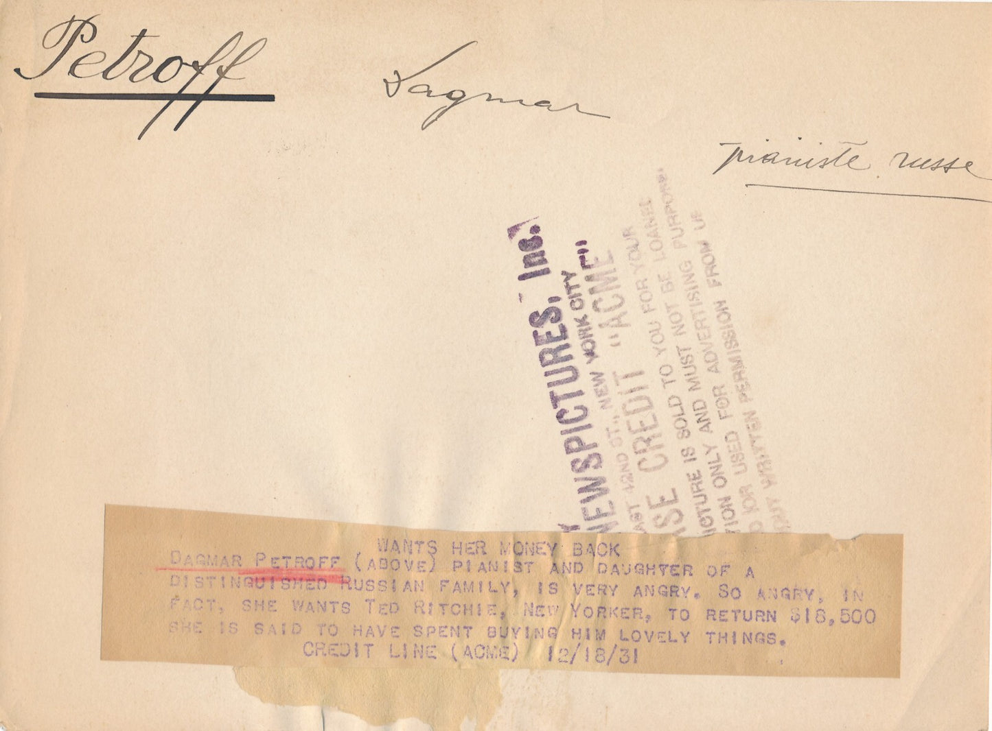 Dagmar PETROFF pianiste photo photographie Russe russie 1931