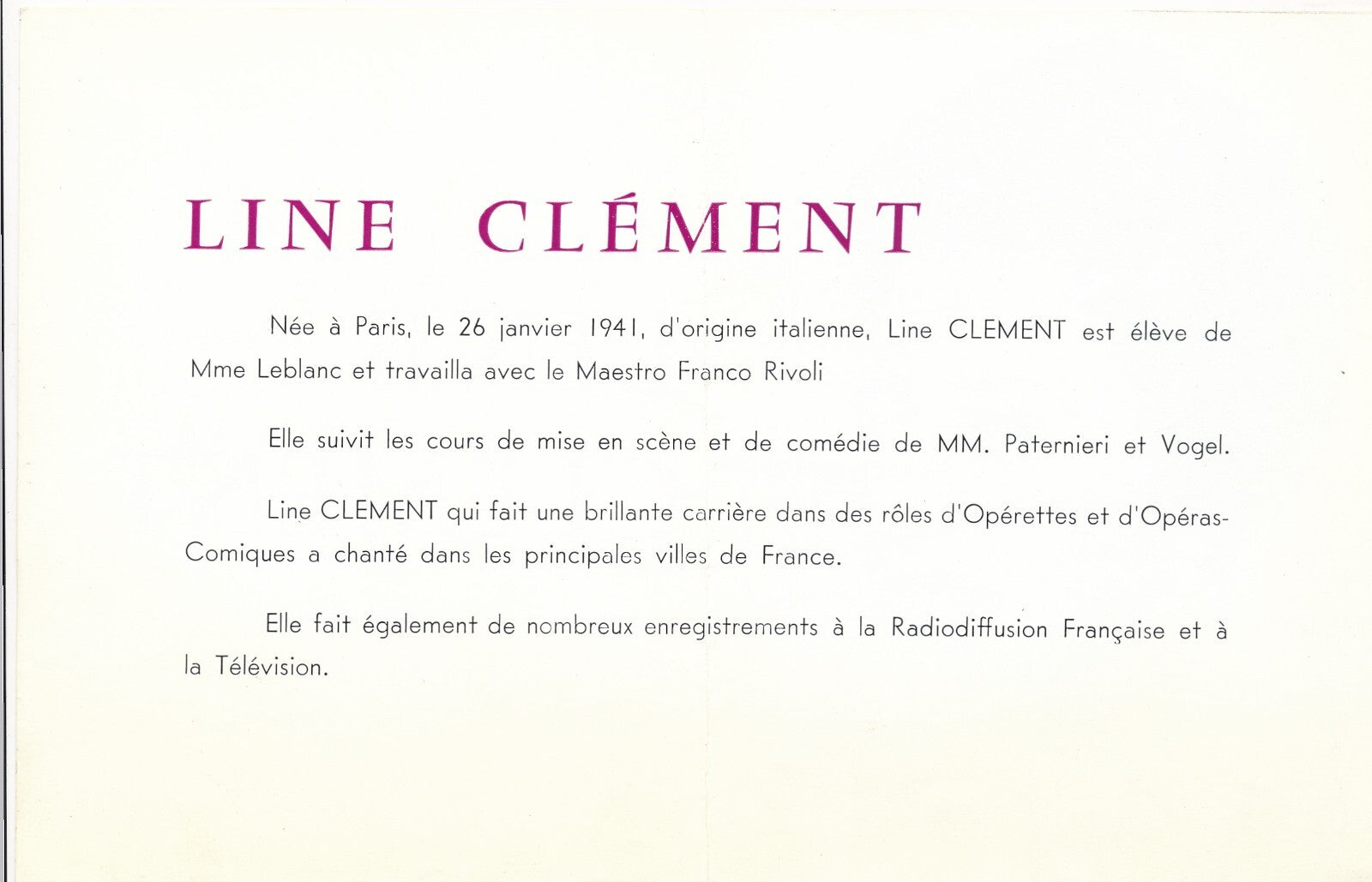 Line CLEMENT artiste lyrique opéra opérette photo photographie et fascicule