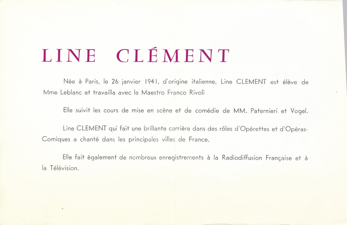 Line CLEMENT artiste lyrique opéra opérette photo photographie et fascicule