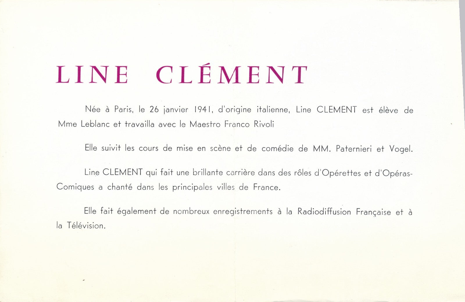 Line CLEMENT artiste lyrique opéra opérette photo photographie et fascicule