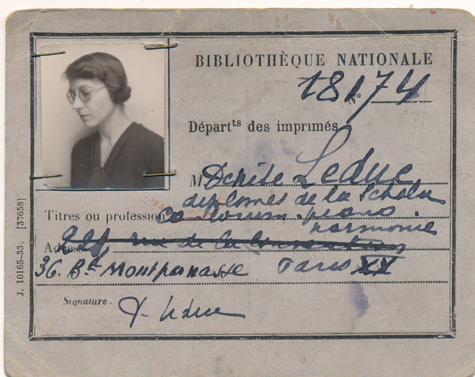 Bibliothèque nationale carte de lectrice 1934 photo identité Schola Cantorum