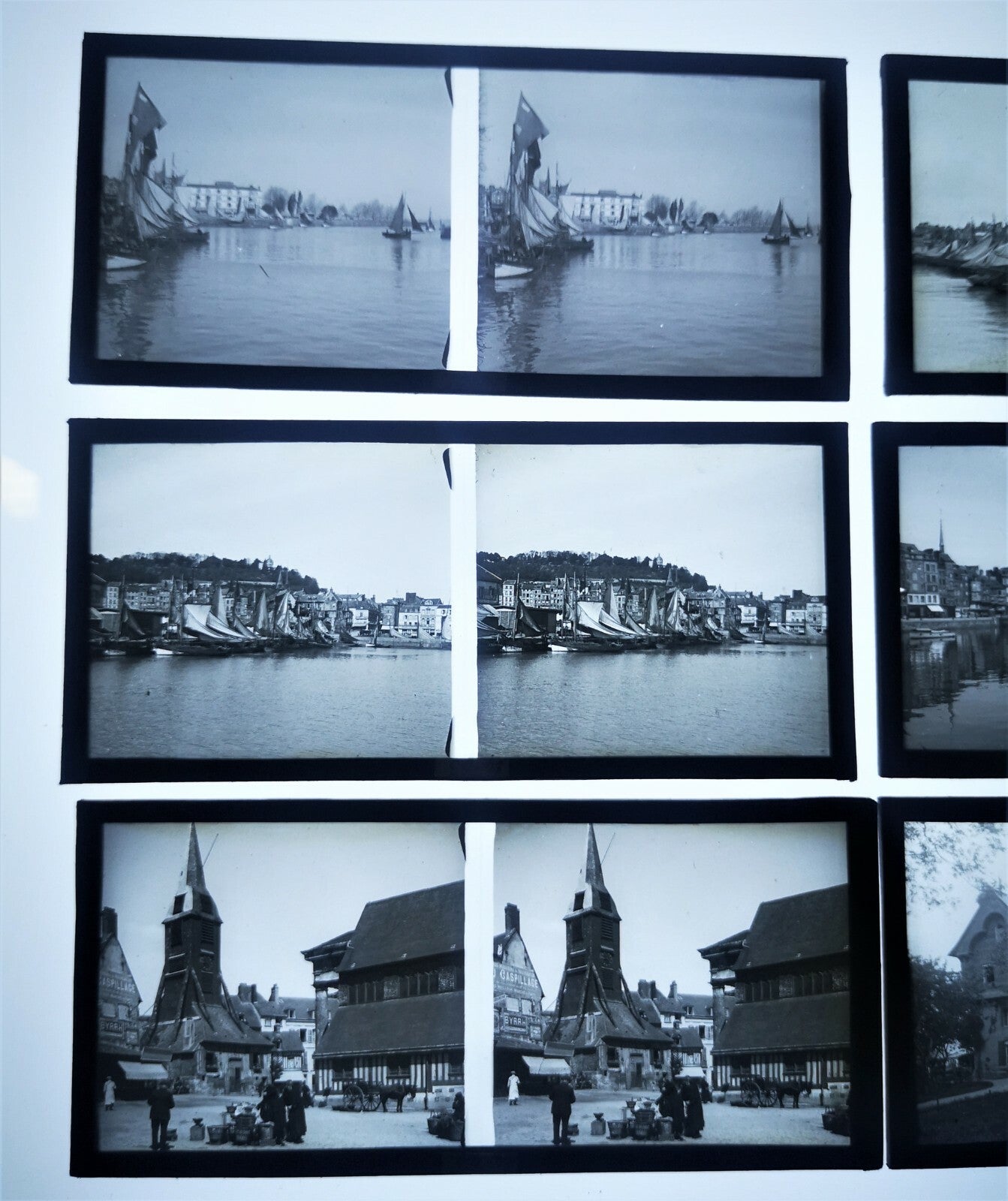 Honfleur 6 vues stéréographiques positif verre stéréo port ville maison photo