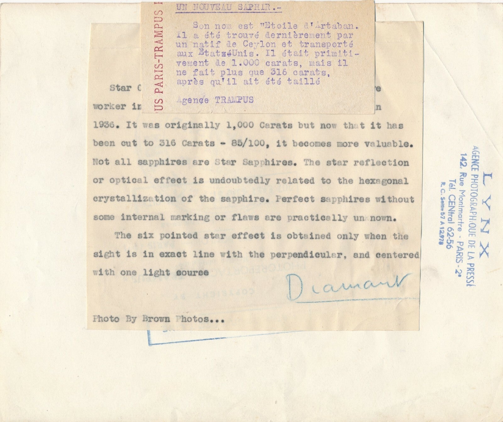 main diamant Étoile Artaban 316 carats Ceylan photo photographie 1936