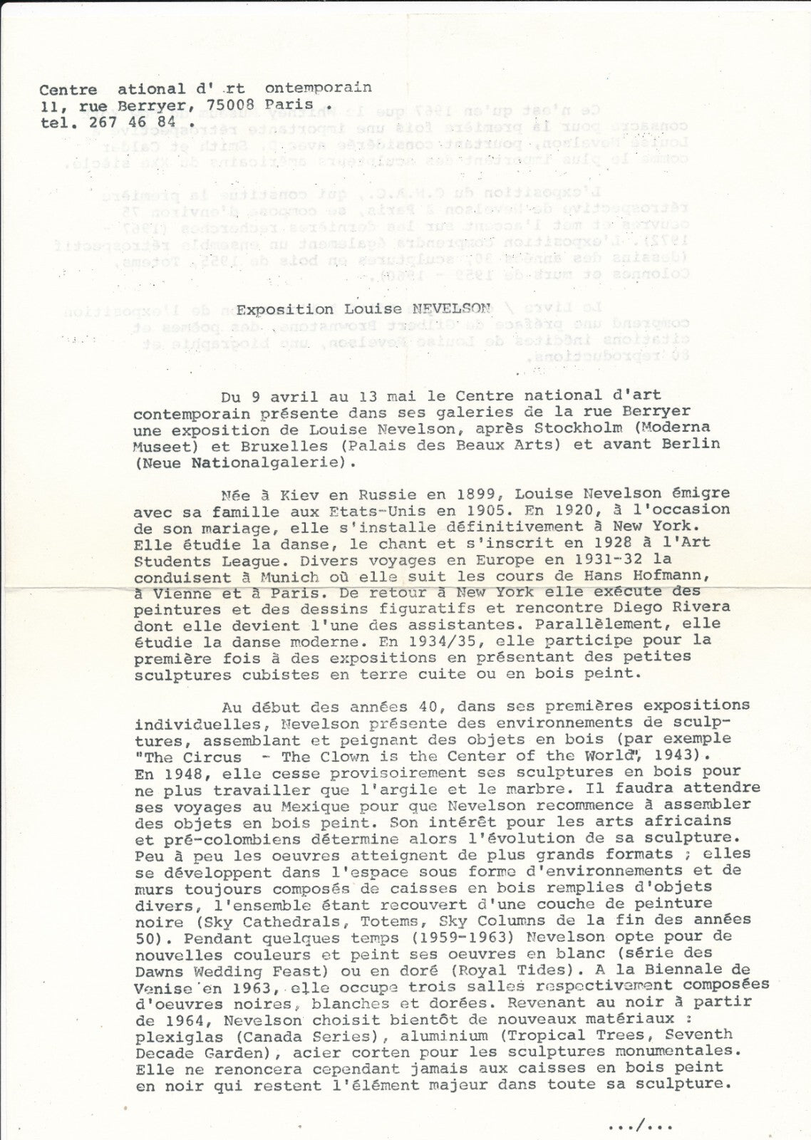 Louise NEVELSON catalogue exposition CNAC et photo, invitation, flyer 1974