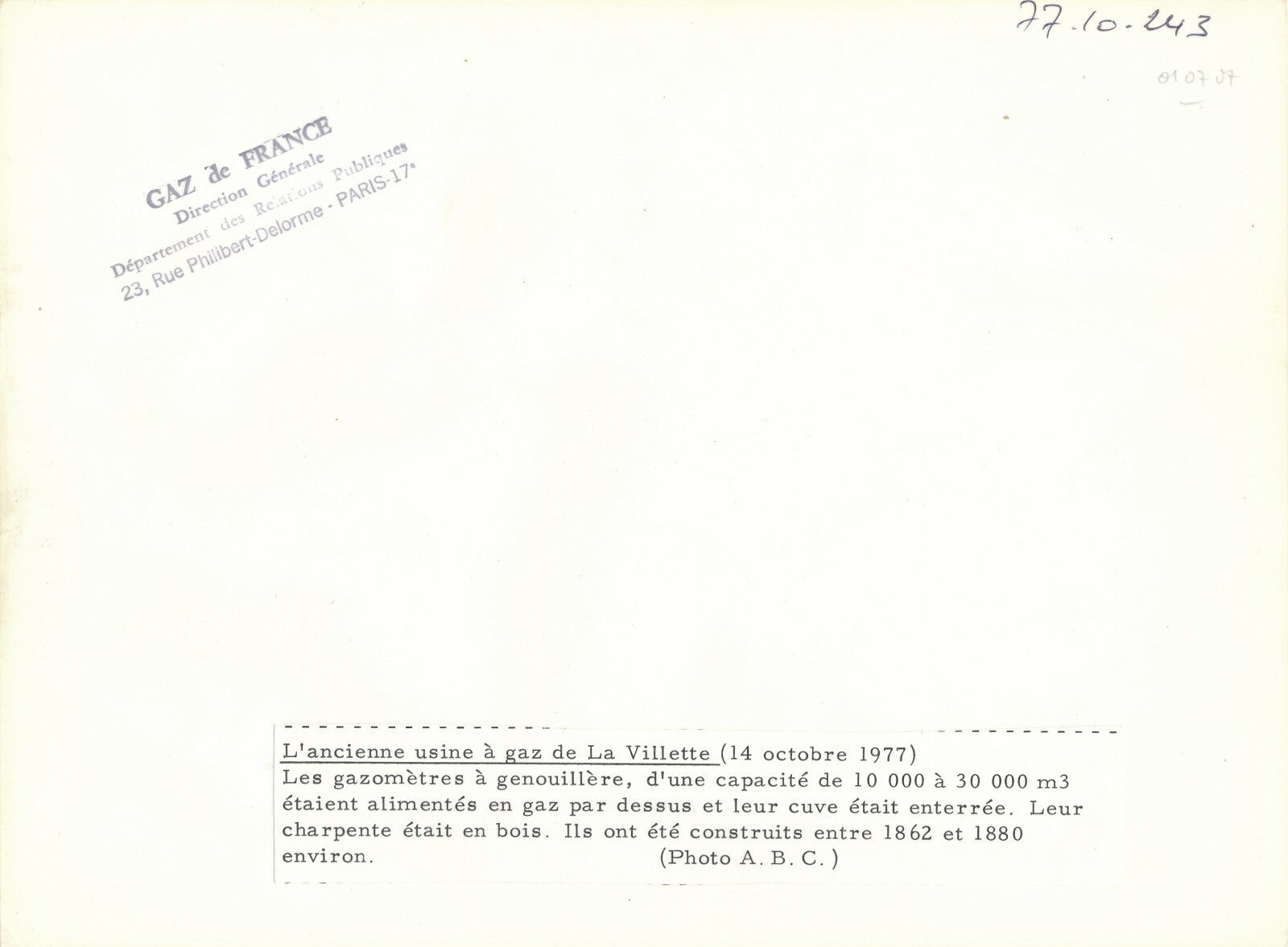 3 photos usine gaz la Villette 1977 gazomètres photo photographie 