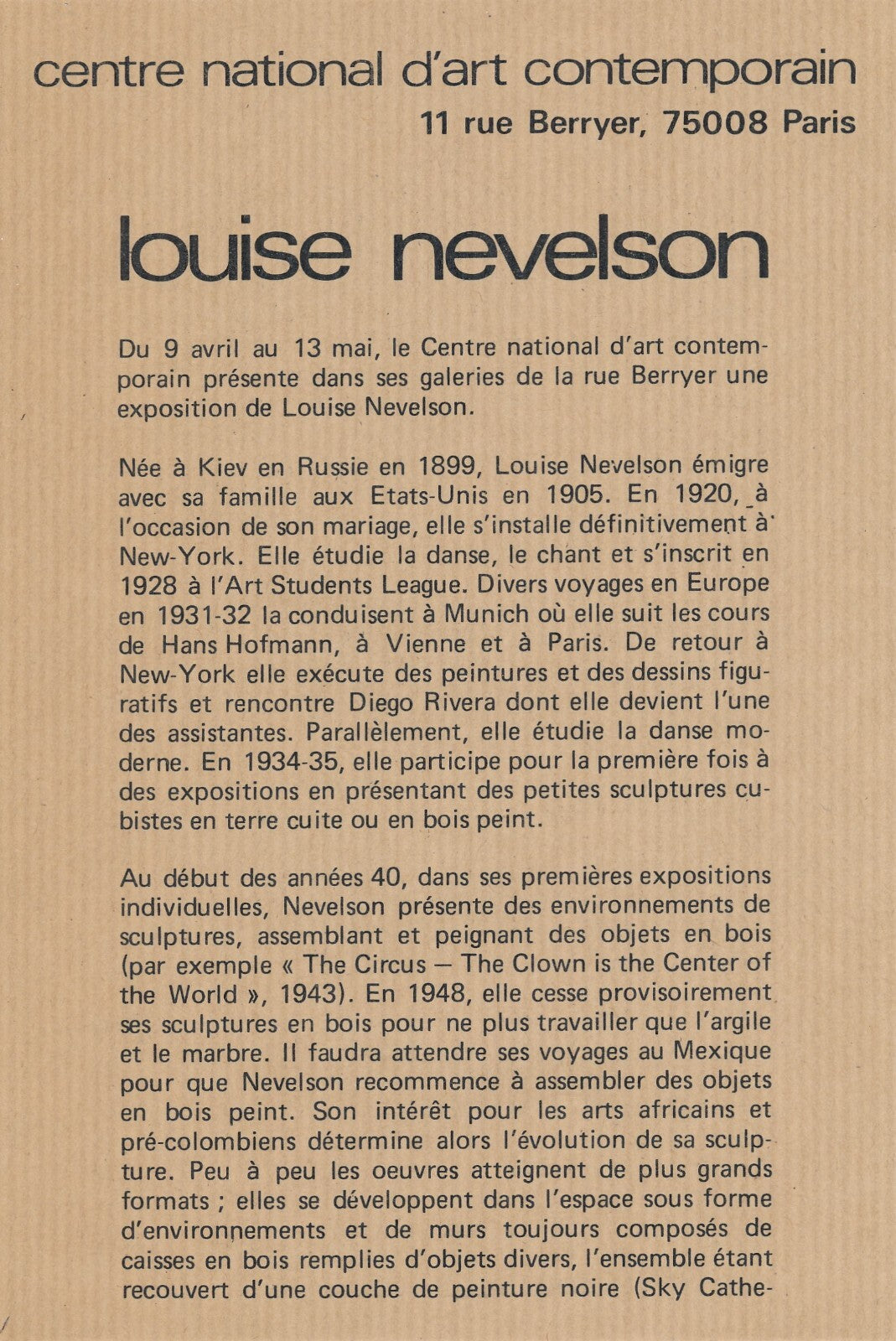 Louise NEVELSON catalogue exposition CNAC et photo, invitation, flyer 1974
