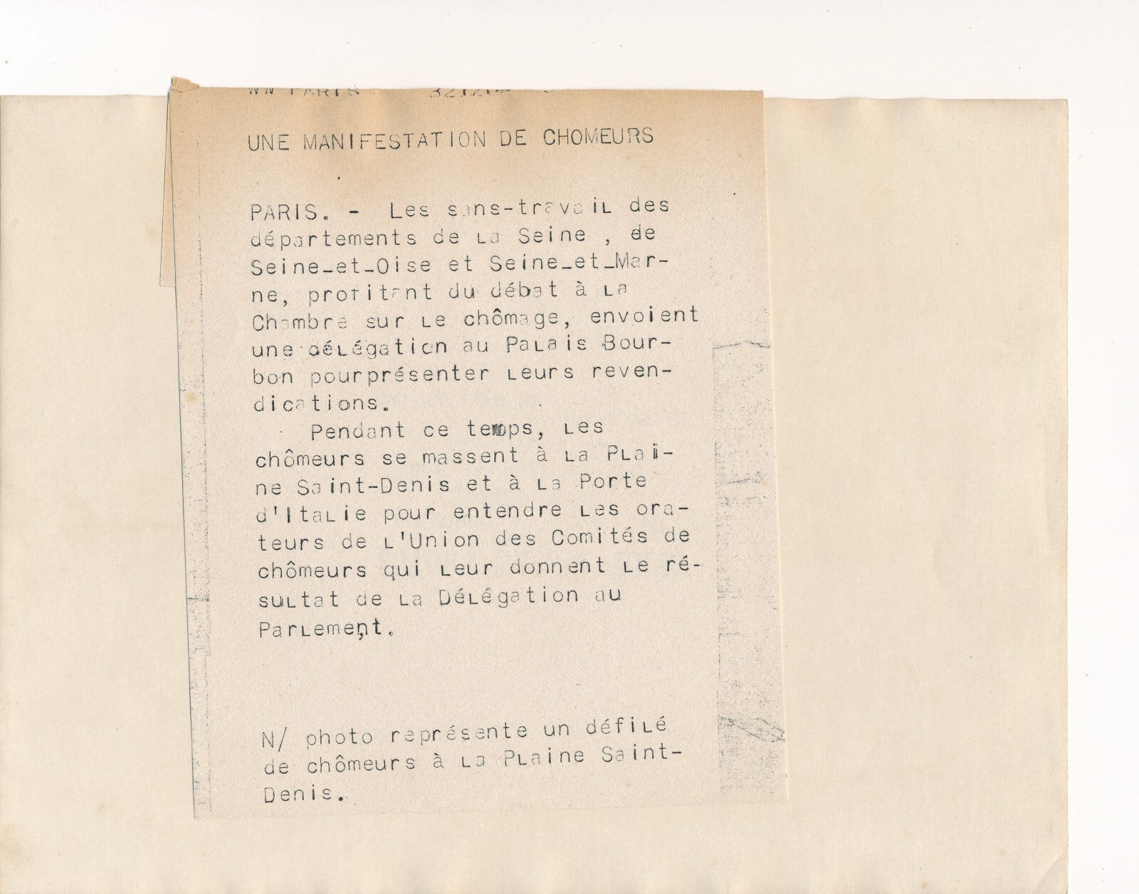 Manifestation chômeurs Plaine Saint-Denis 1932 photo photographie du pain !