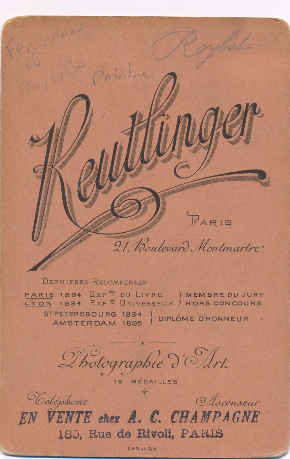 Ferdinand ROYBET peintre carte cabinet albumine photo photographie Reutlinger
