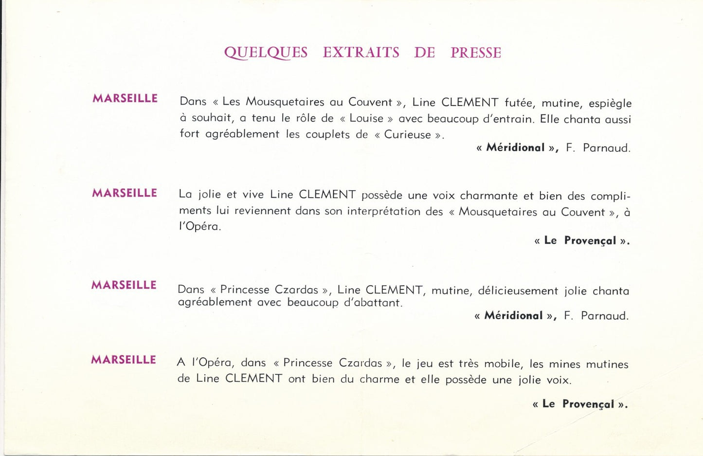 Line CLEMENT artiste lyrique opéra opérette photo photographie et fascicule
