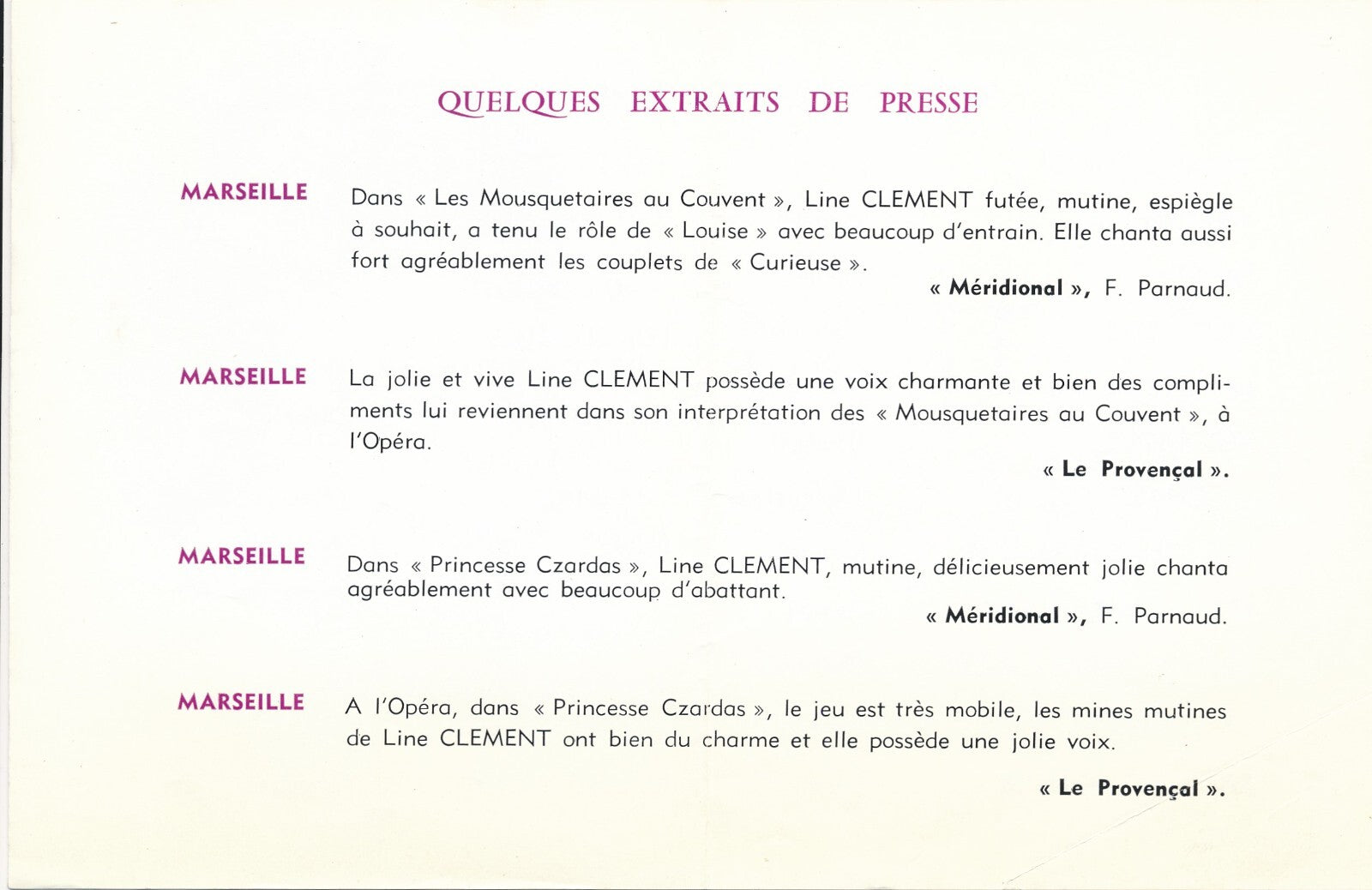 Line CLEMENT artiste lyrique opéra opérette photo photographie et fascicule