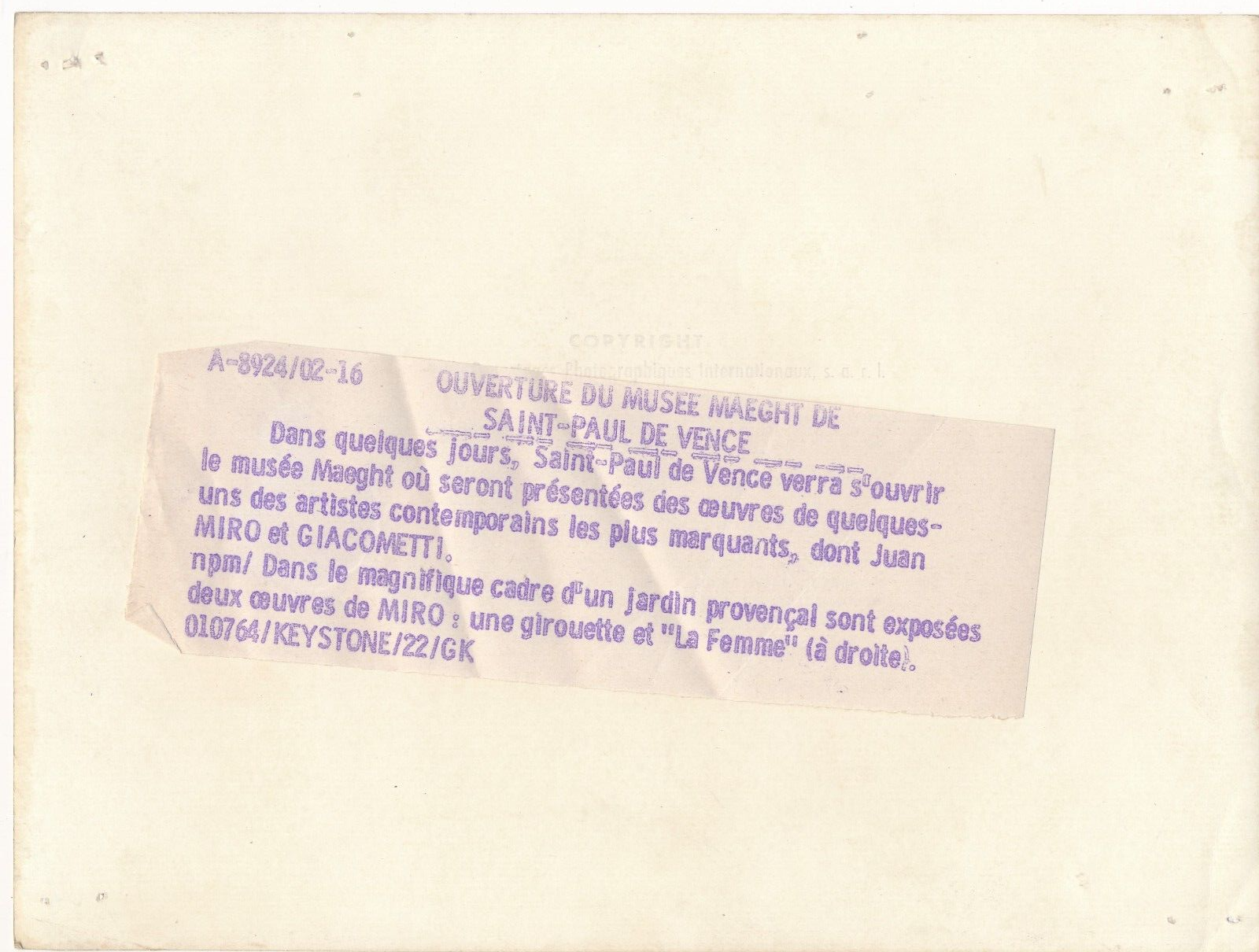 Ouverture musée Maeght Saint-Paul-de-Vence 1964 Miro photo photographie