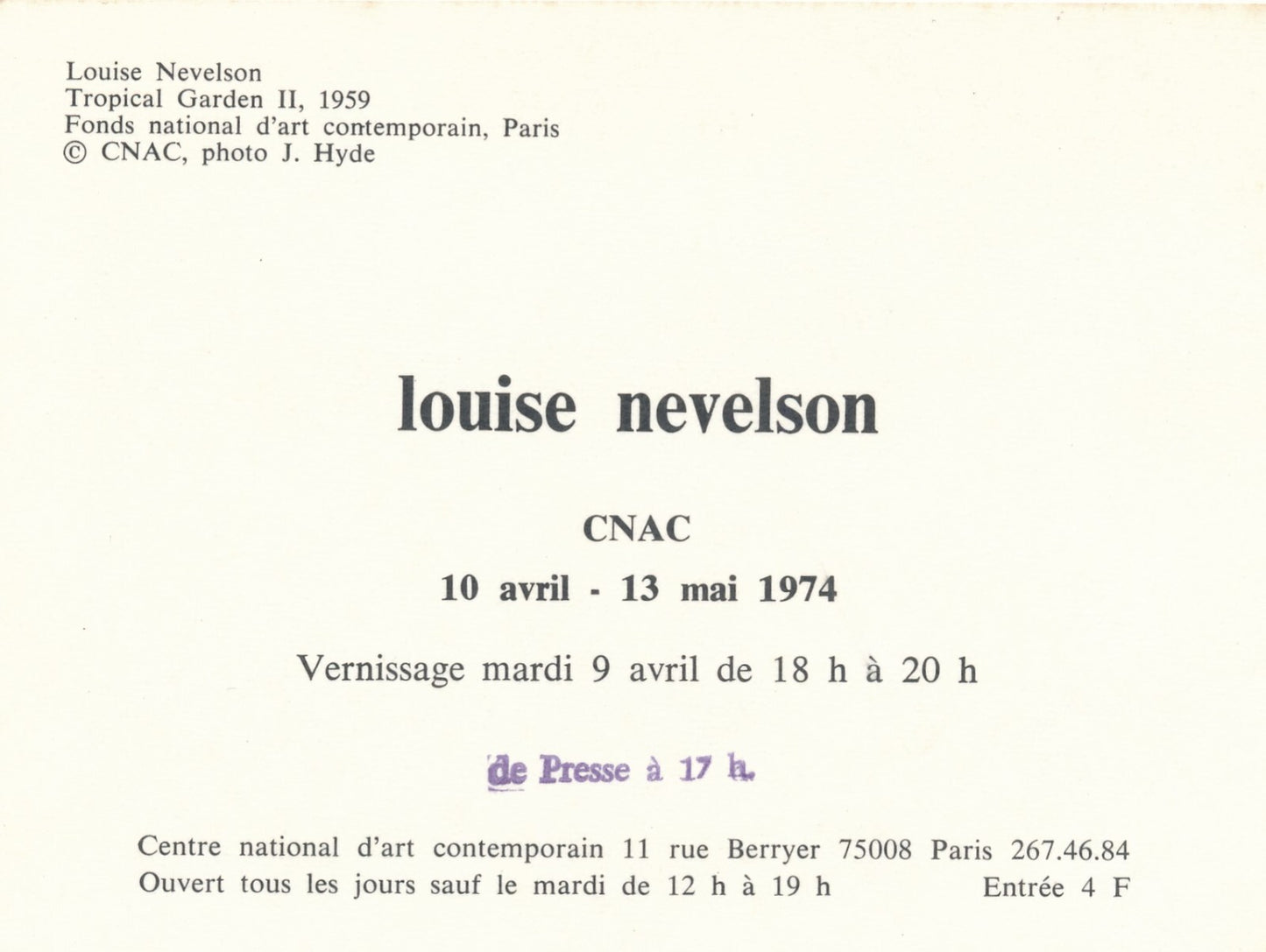 Louise NEVELSON catalogue exposition CNAC et photo, invitation, flyer 1974