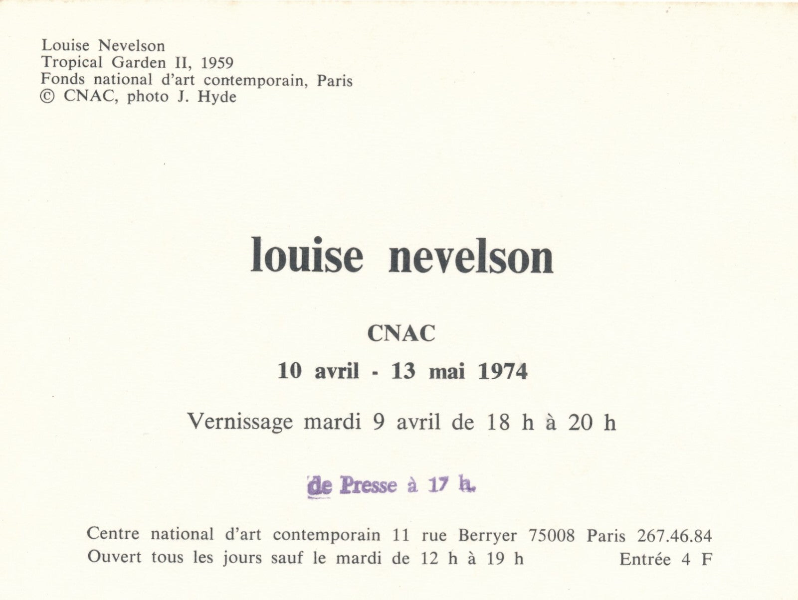 Louise NEVELSON catalogue exposition CNAC et photo, invitation, flyer 1974