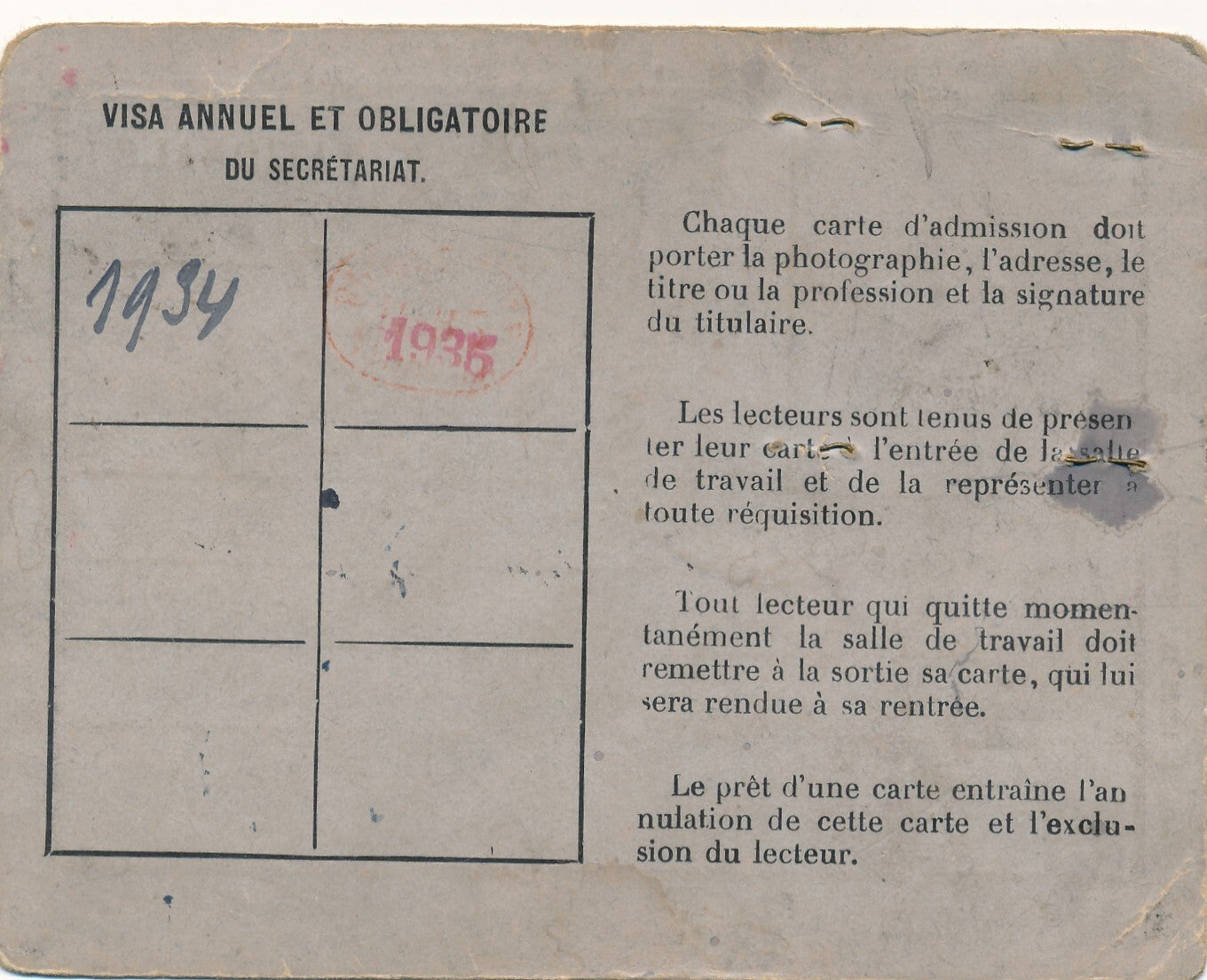 Bibliothèque nationale carte de lectrice 1934 photo identité Schola Cantorum