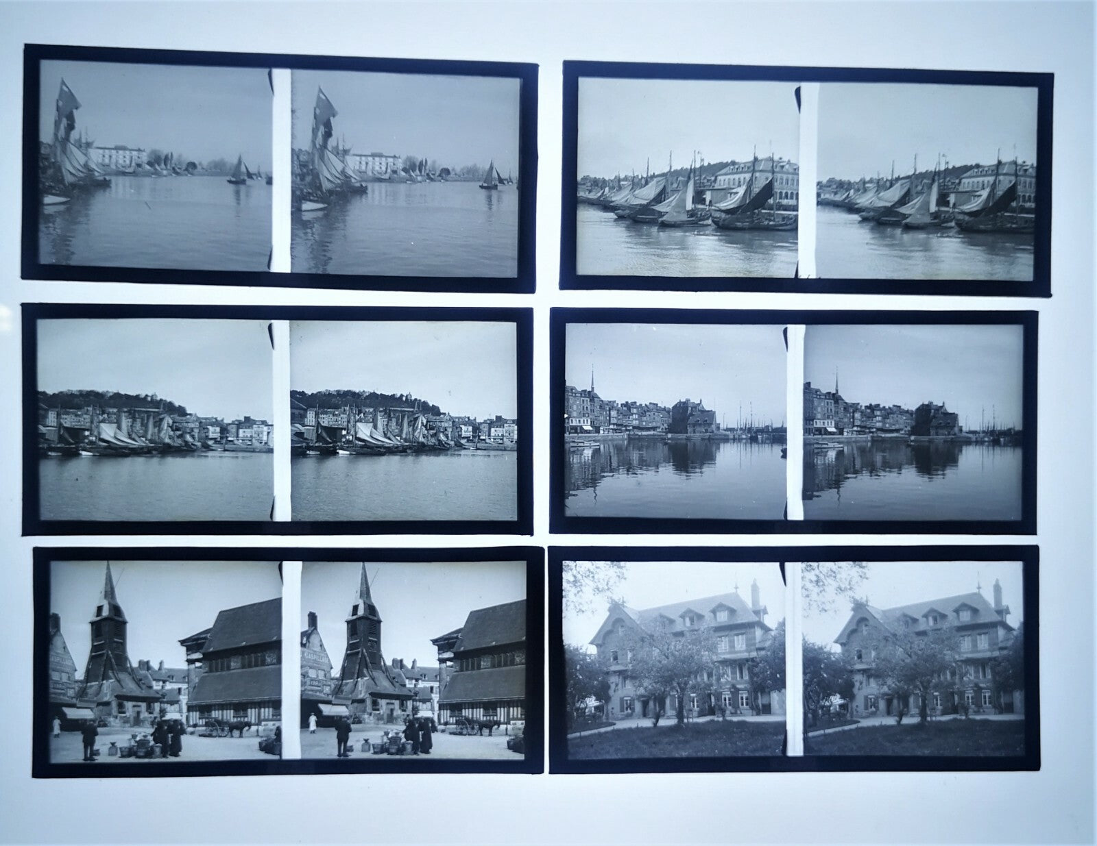 Honfleur 6 vues stéréographiques positif verre stéréo port ville maison photo