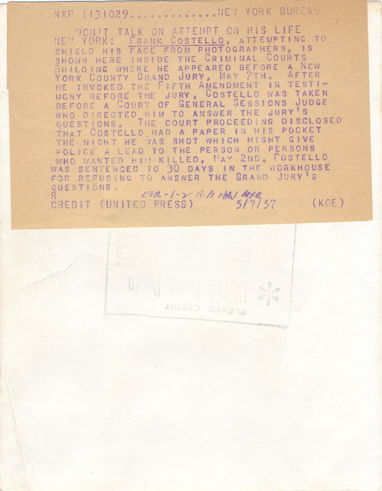 Frank COSTELLO mafia photo photographie 1957 presse Etats-Unis