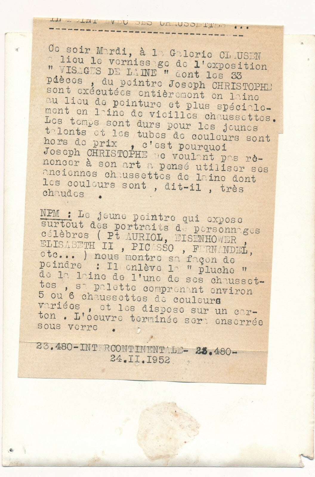 Le peintre Joseph CHRISTOPHE peinture chaussette photo photographie Clausen 1952