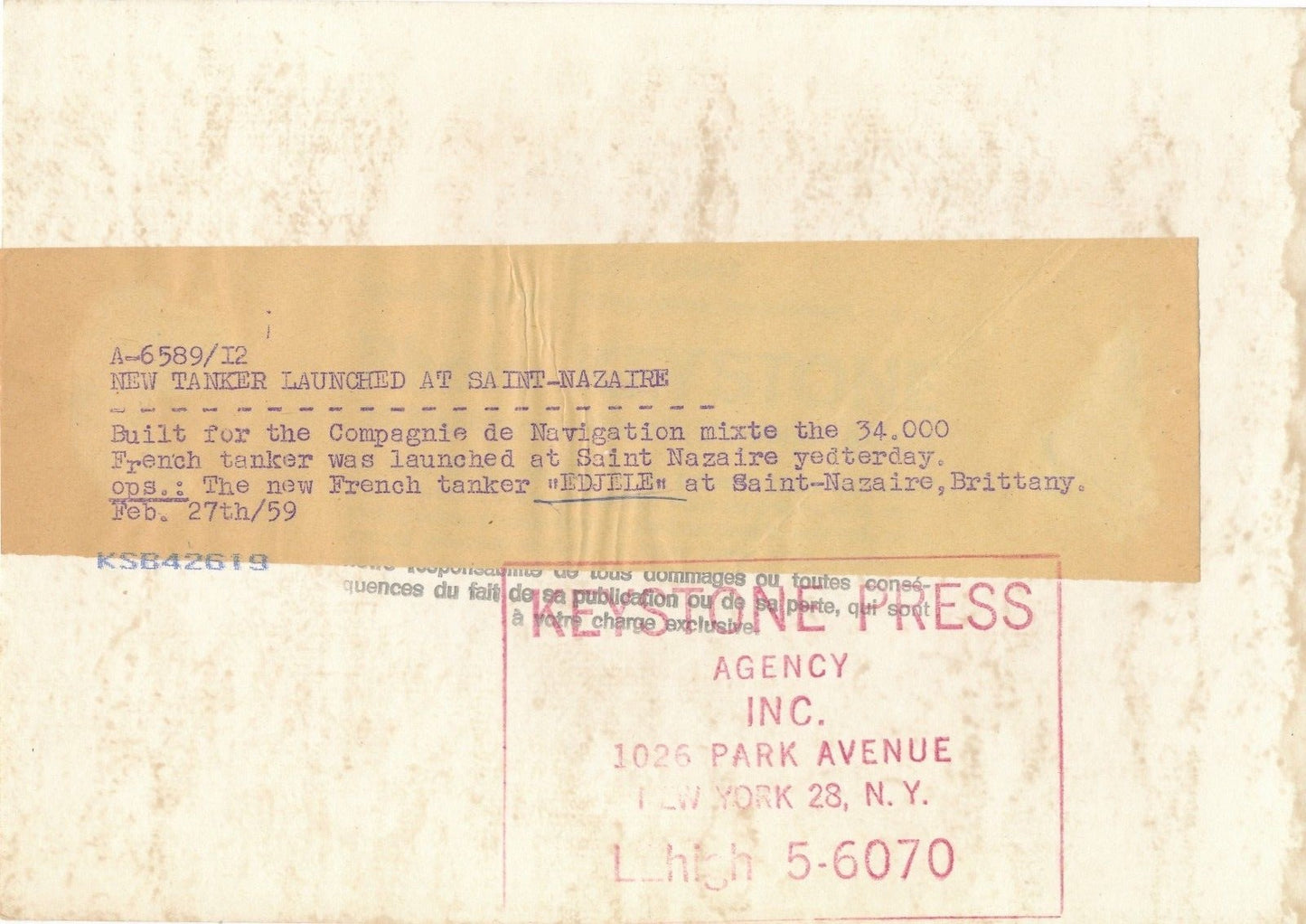 photo le Edjele tanker navire Saint-Nazaire tirage argentique d'époque presse 