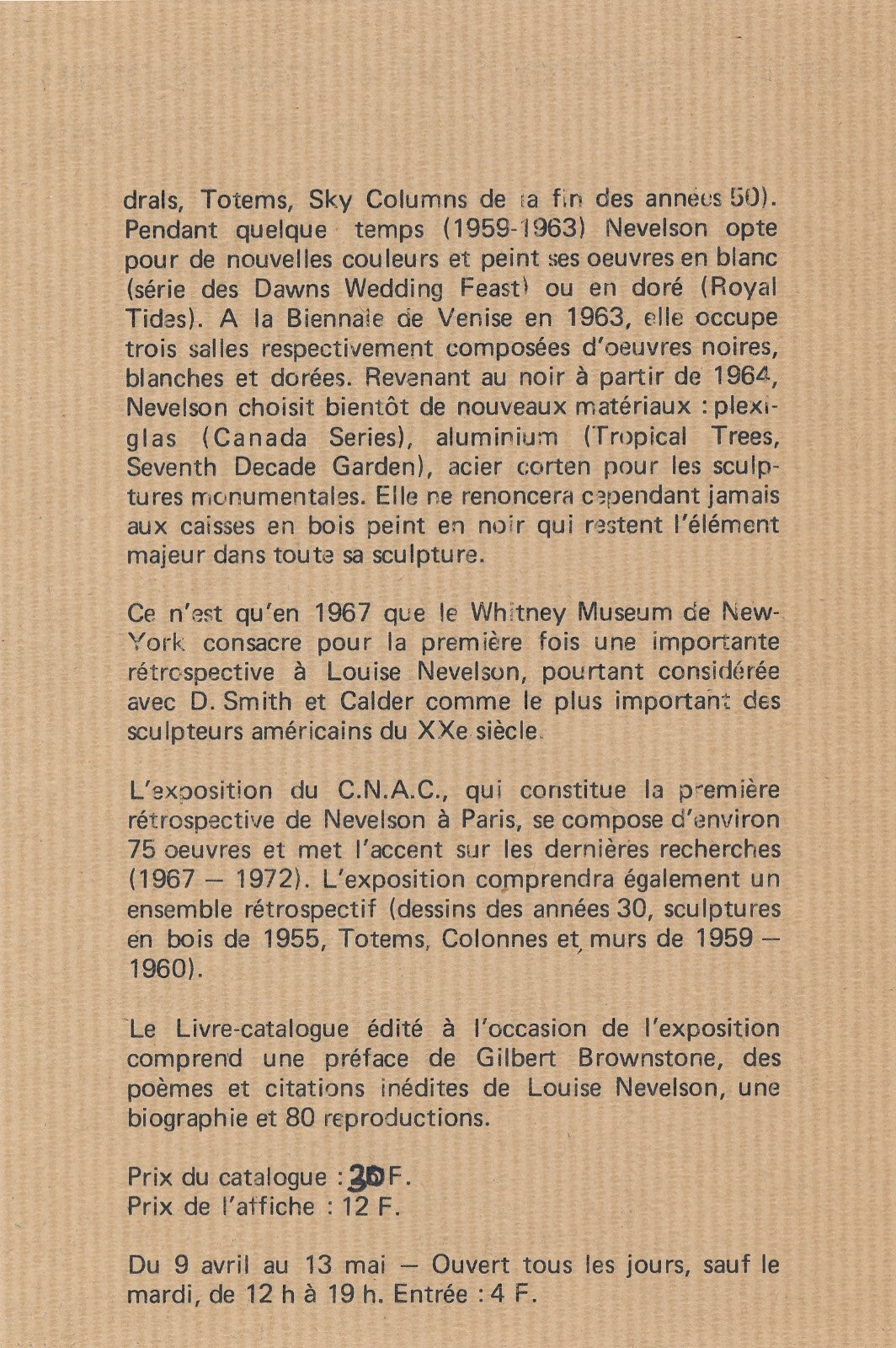 Louise NEVELSON catalogue exposition CNAC et photo, invitation, flyer 1974