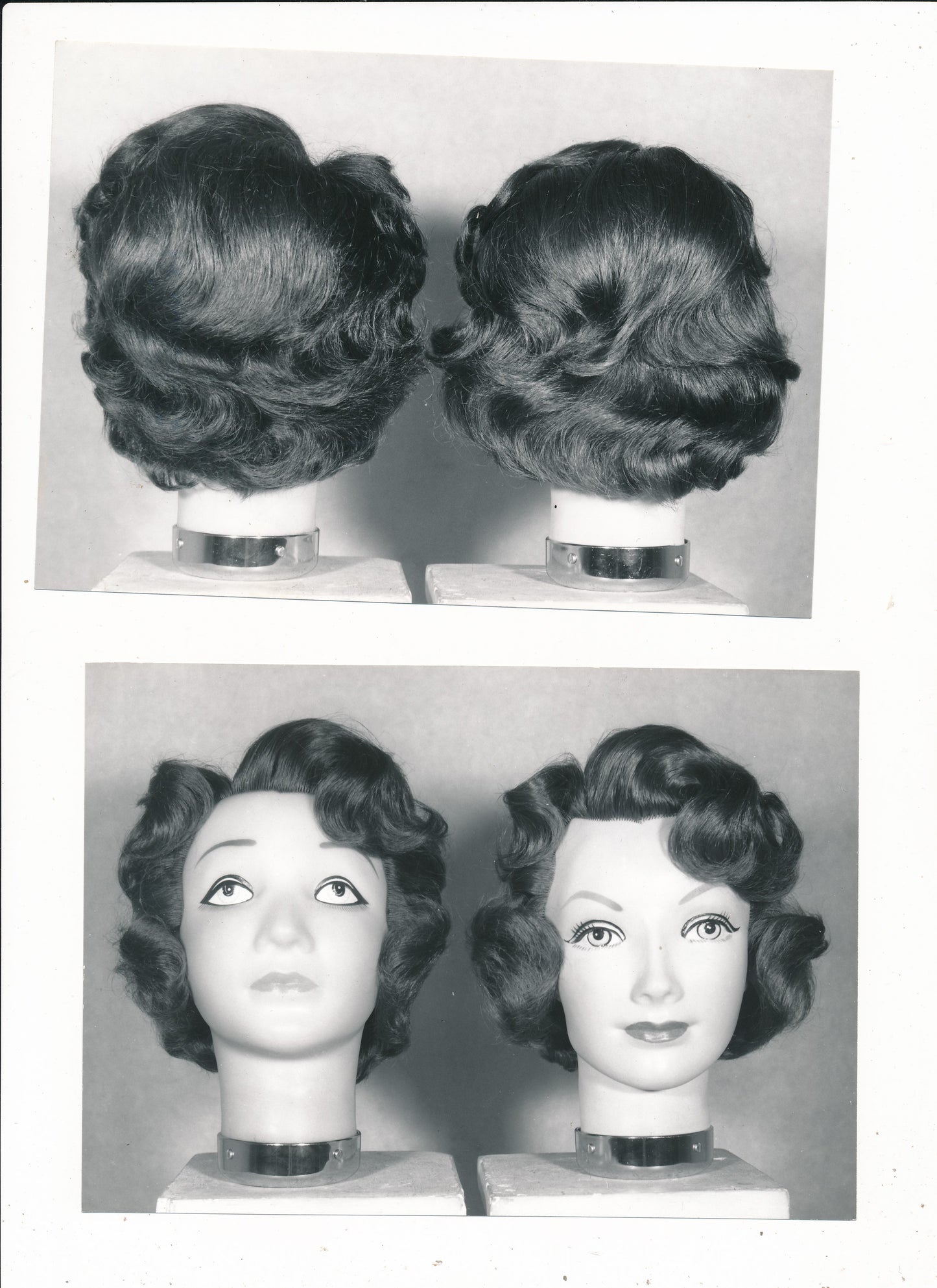 Cours de coiffure essai coupe cheveux mannequin photo photographie v. 1960