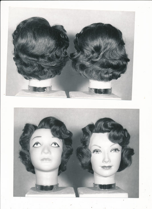 Cours de coiffure essai coupe cheveux mannequin photo photographie v. 1960