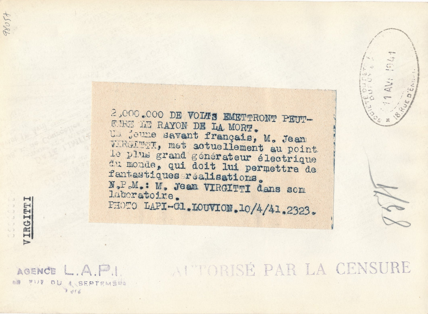 Jean Virgitti le rayon de la mort 2 000 000 de volts ! photo photographie 1941